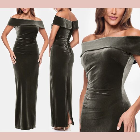 EUC Xscape [‎ 14 ] Off the Shoulder Velvet Gown in Moss Green - Picture 1 of 16